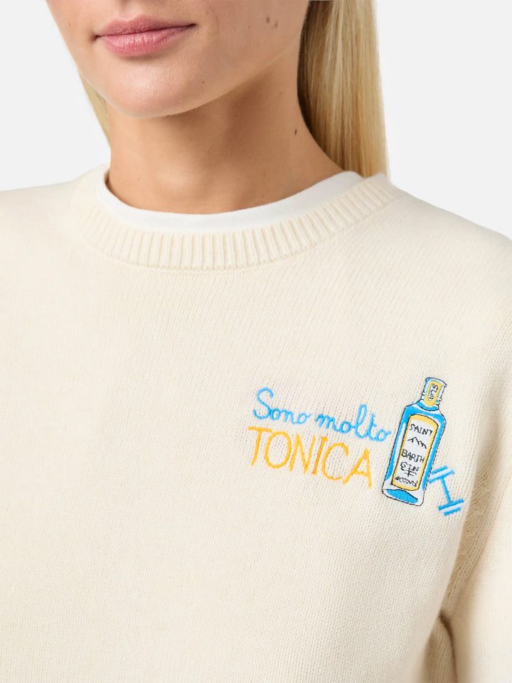 New Queen cashmere-blend sweater in white with Sono molto tonica embroidery