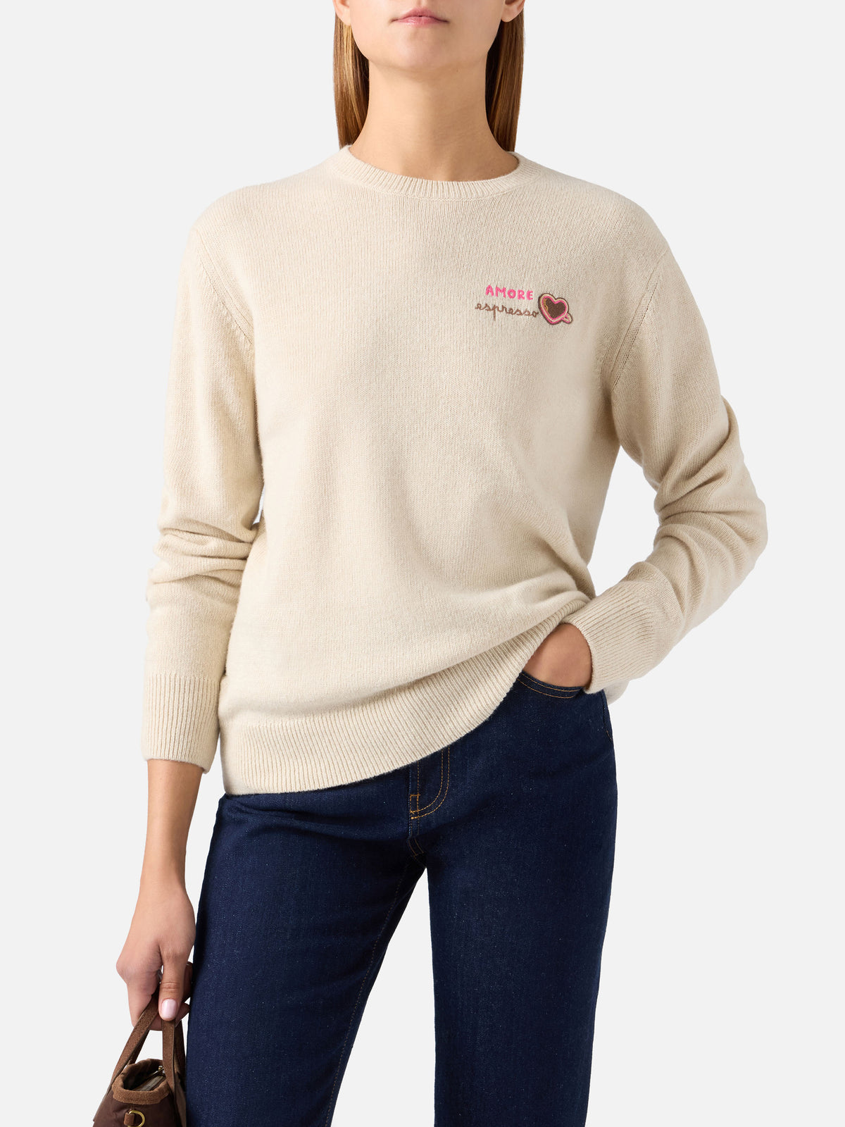 Jersey de cuello redondo en mezcla de lana y cachemira Grain New Queen con bordado Amore Espresso 