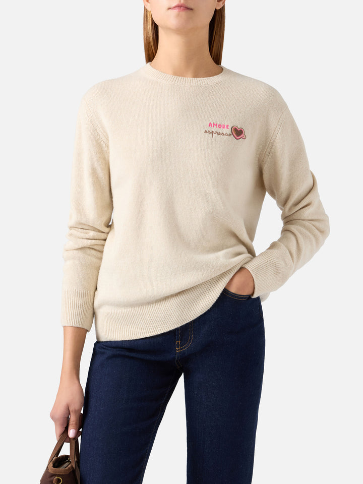 Pull col rond en mélange de laine Grain New Queen et cachemire avec broderie Amore Espresso 