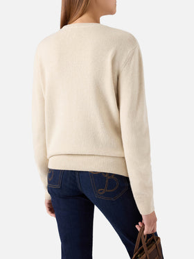 Jersey de cuello redondo en mezcla de lana y cachemira Grain New Queen con bordado Amore Espresso 