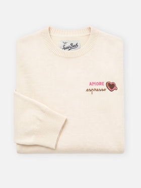 Grain New Queen wool and cashmere blend crewneck with Amore Espresso embroidery