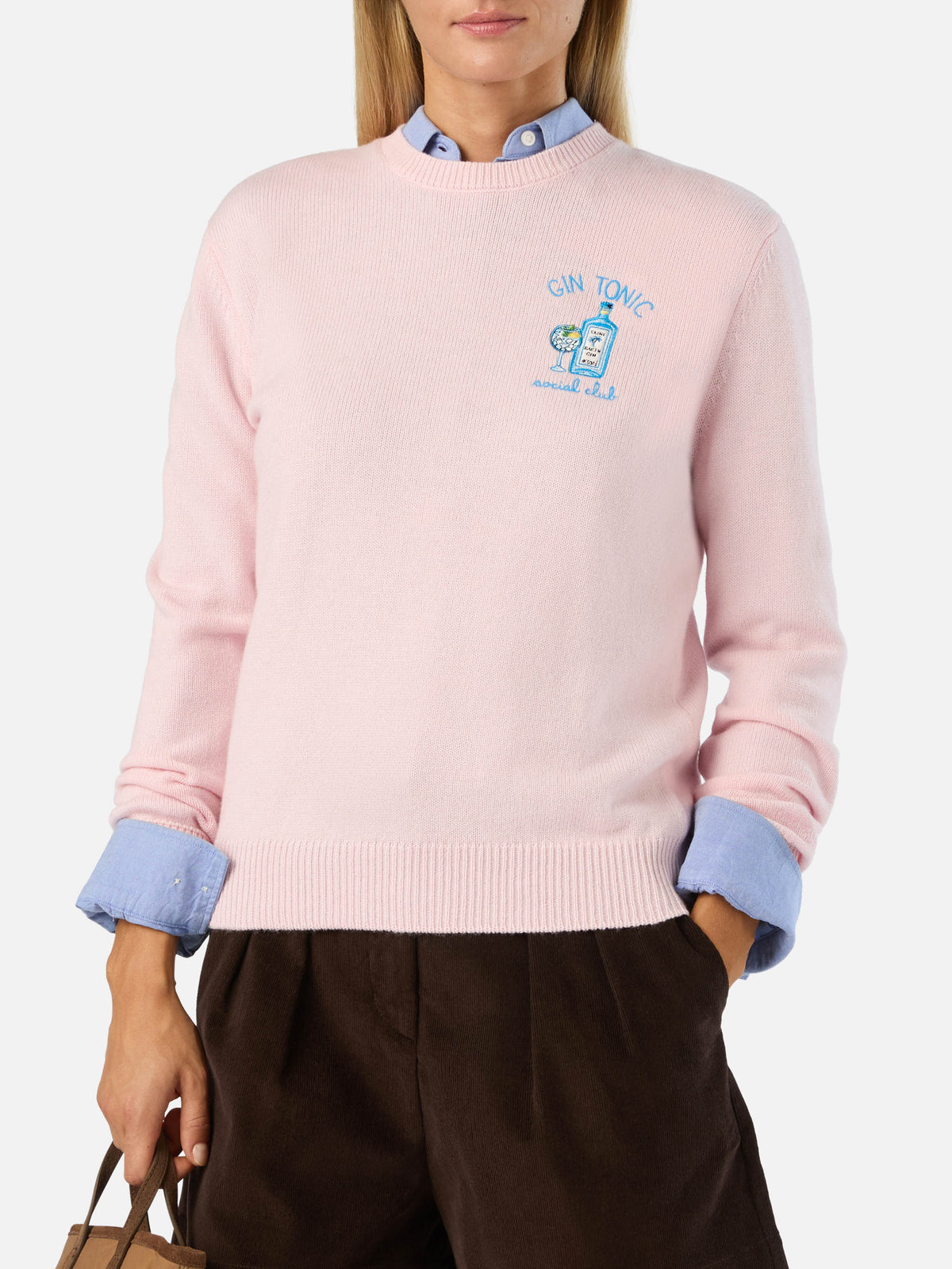 Pull ras-du-cou rose New Queen en mélange de laine et de cachemire avec broderie Gin Tonic Social Club 