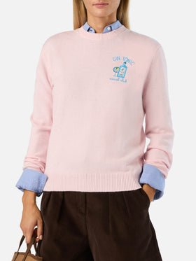 Pull ras-du-cou rose New Queen en mélange de laine et de cachemire avec broderie Gin Tonic Social Club 