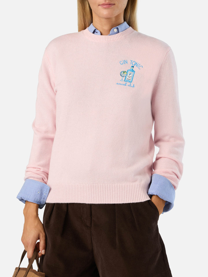 Jersey de cuello redondo Pink New Queen en mezcla de lana y cachemira con bordado Gin Tonic Social Club 