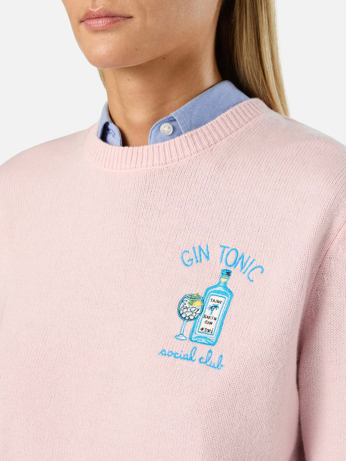 Pull ras-du-cou rose New Queen en mélange de laine et de cachemire avec broderie Gin Tonic Social Club 