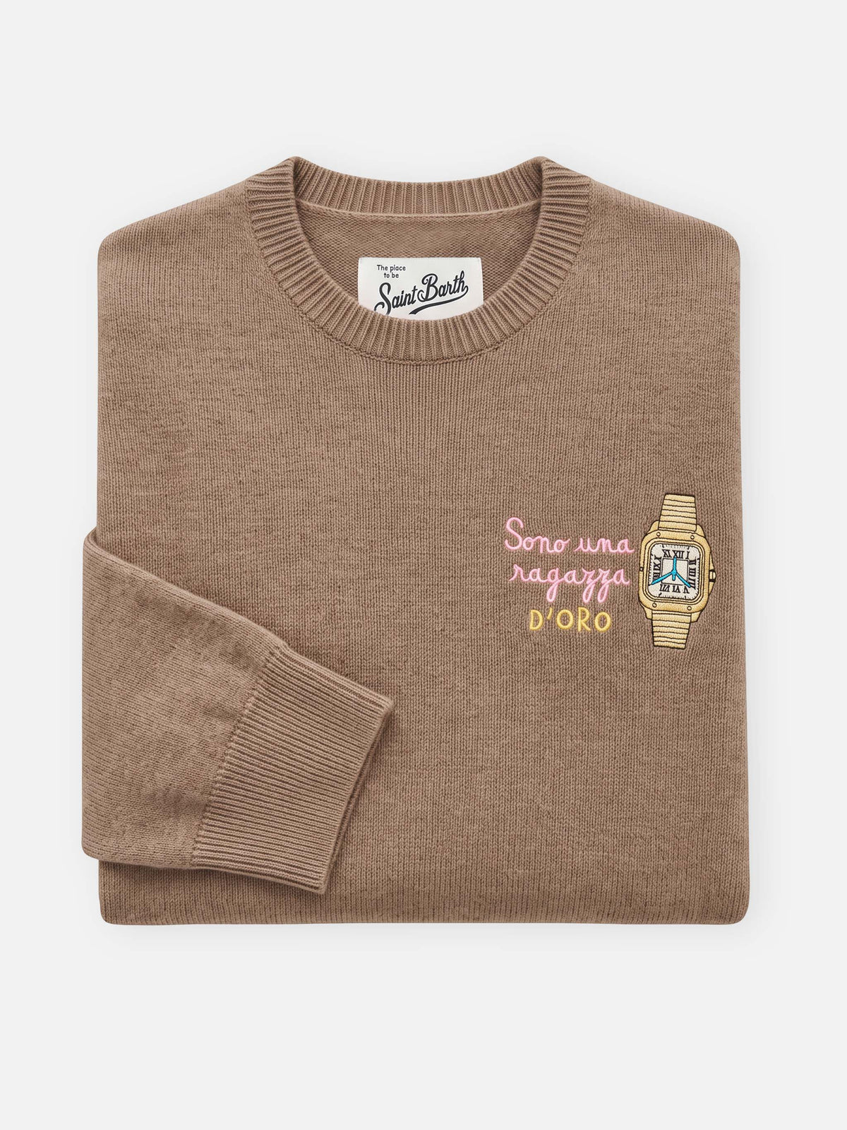 Military green New Queen wool and cashmere blend crewneck with Sono Una Ragazza D'Oro embroidery