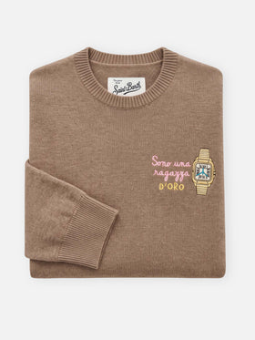 Military green New Queen wool and cashmere blend crewneck with Sono Una Ragazza D'Oro embroidery