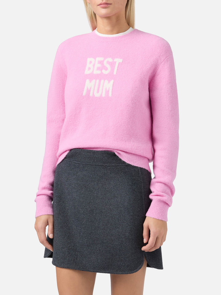 New Queen stretch sweater in merino-wool and alpaca blend in pink with Best Mum jacquard