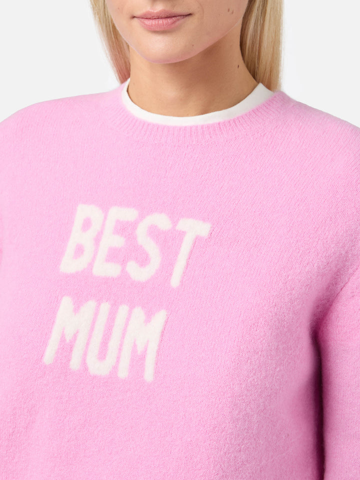 New Queen stretch sweater in merino-wool and alpaca blend in pink with Best Mum jacquard