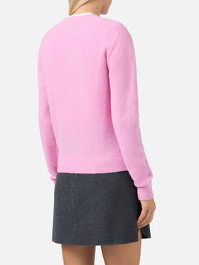 New Queen stretch sweater in merino-wool and alpaca blend in pink with Best Mum jacquard