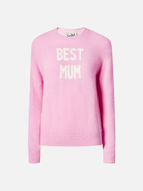 New Queen stretch sweater in merino-wool and alpaca blend in pink with Best Mum jacquard
