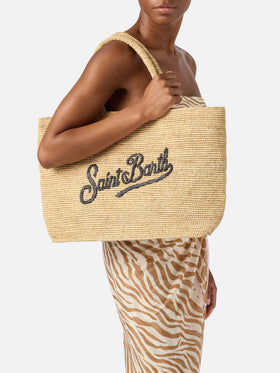 Borsa Beach in raffia con logo ricamato a contrasto nero