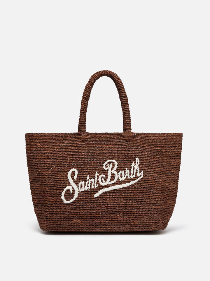 Sac de plage en raphia marron avec logo brodé contrasté 