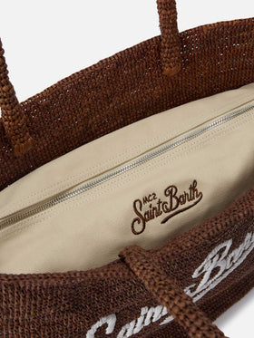 Braune Beach-Raffiatasche mit kontrastierendem gesticktem Logo 