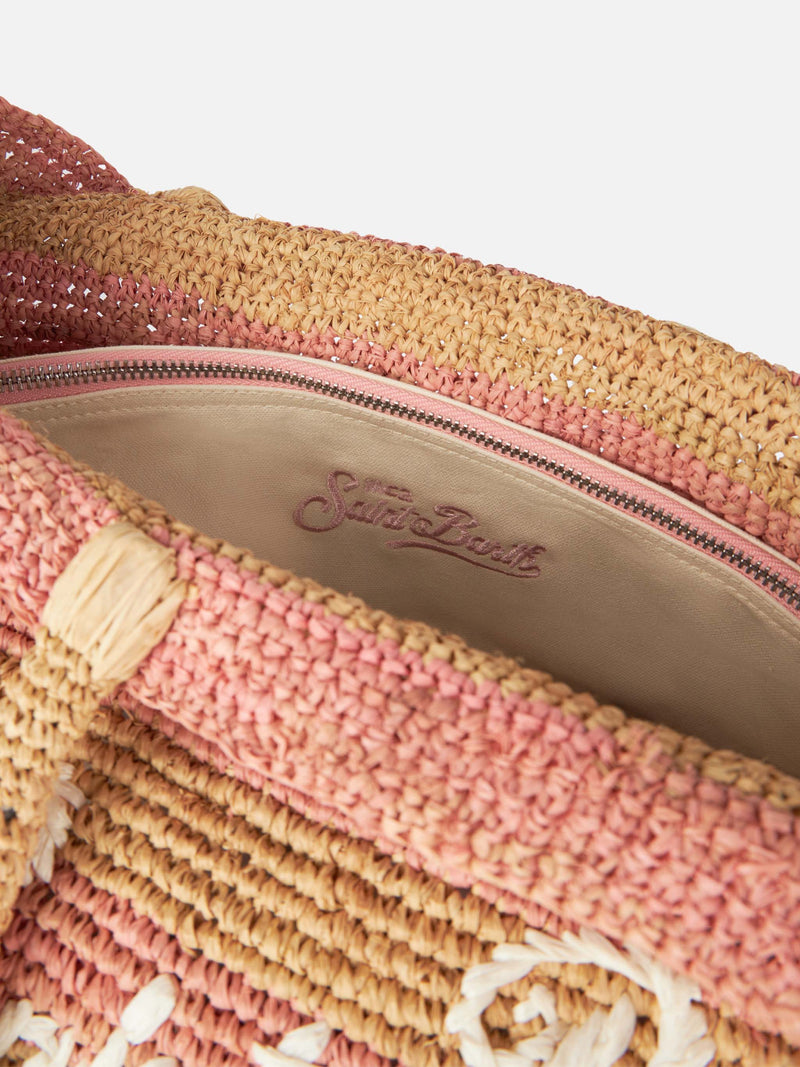 Pink striped Raffia Beach bag with cotton pouch