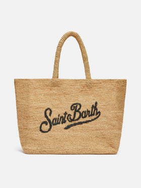 Borsa Beach in raffia con logo ricamato a contrasto nero