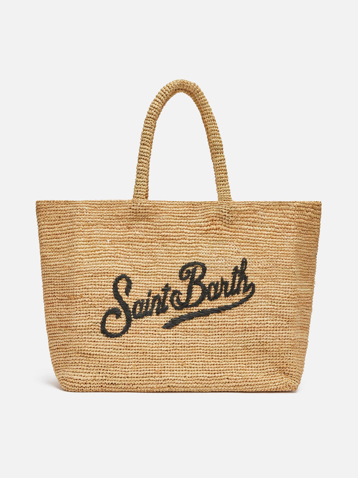 Borsa Beach in raffia con logo ricamato a contrasto nero