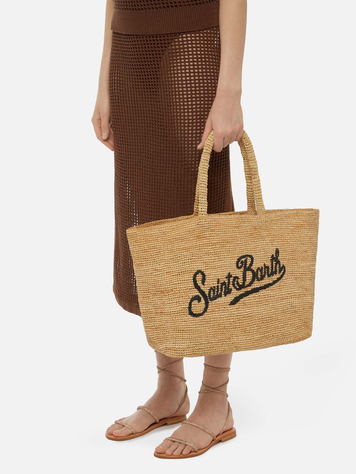 Borsa Beach in raffia con logo ricamato a contrasto nero