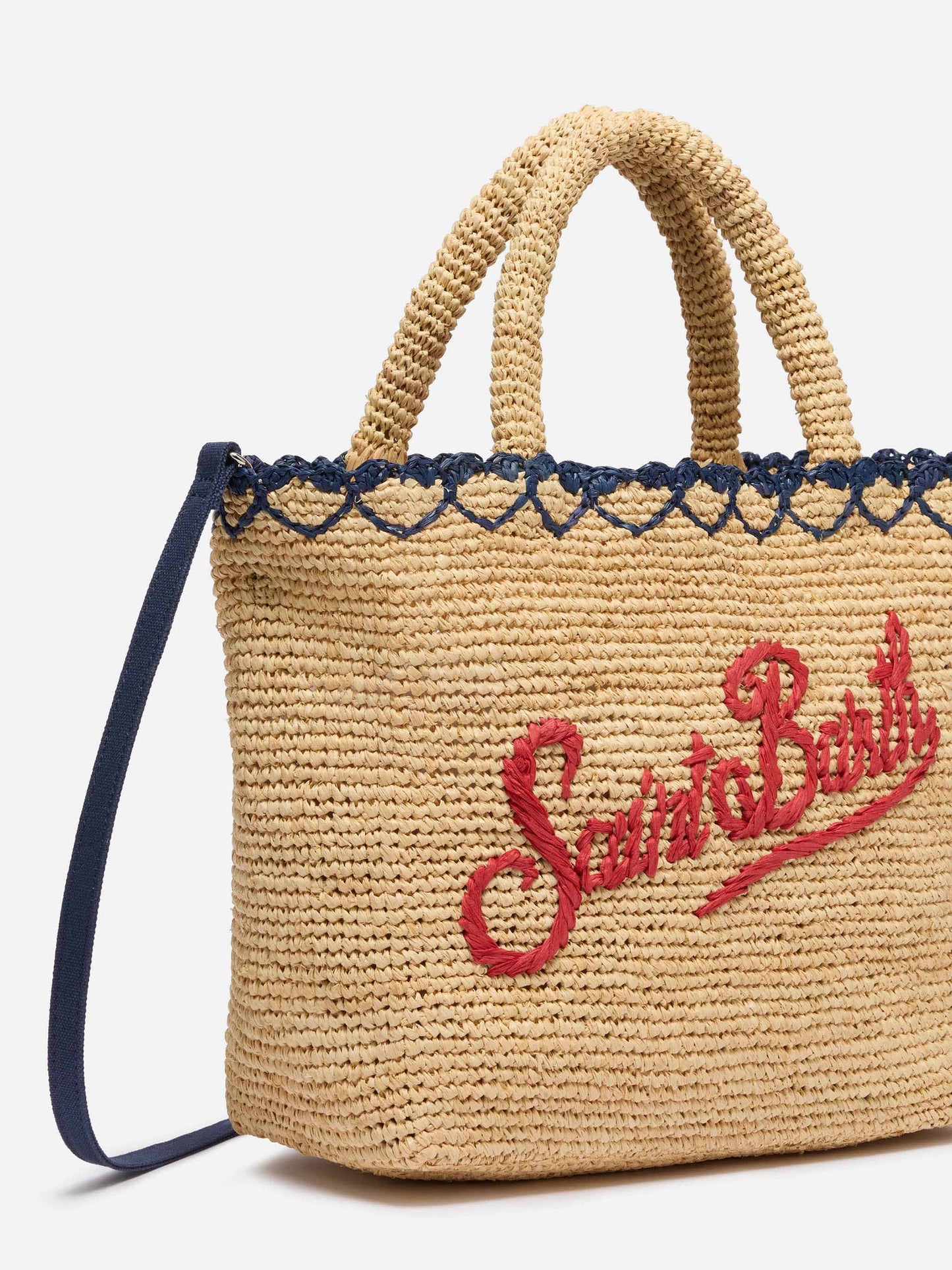 Beige Raffia Mid Strandtasche mit Baumwollbeutel und Herzrand