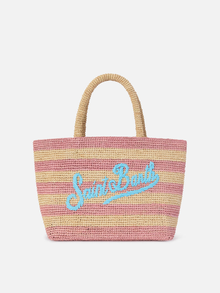 Borsa Beach medium in raffia a righe rosa con logo ricamato