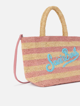 Borsa Beach medium in raffia a righe rosa con logo ricamato