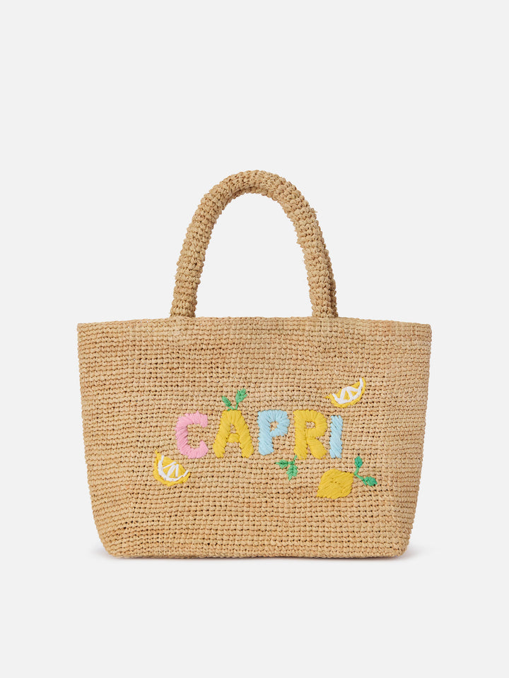 Sac de plage moyen en raphia avec broderie Capri 