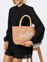 Rosa gestreifte Raffia Beach Midi-Tasche mit Baumwollbeutel
