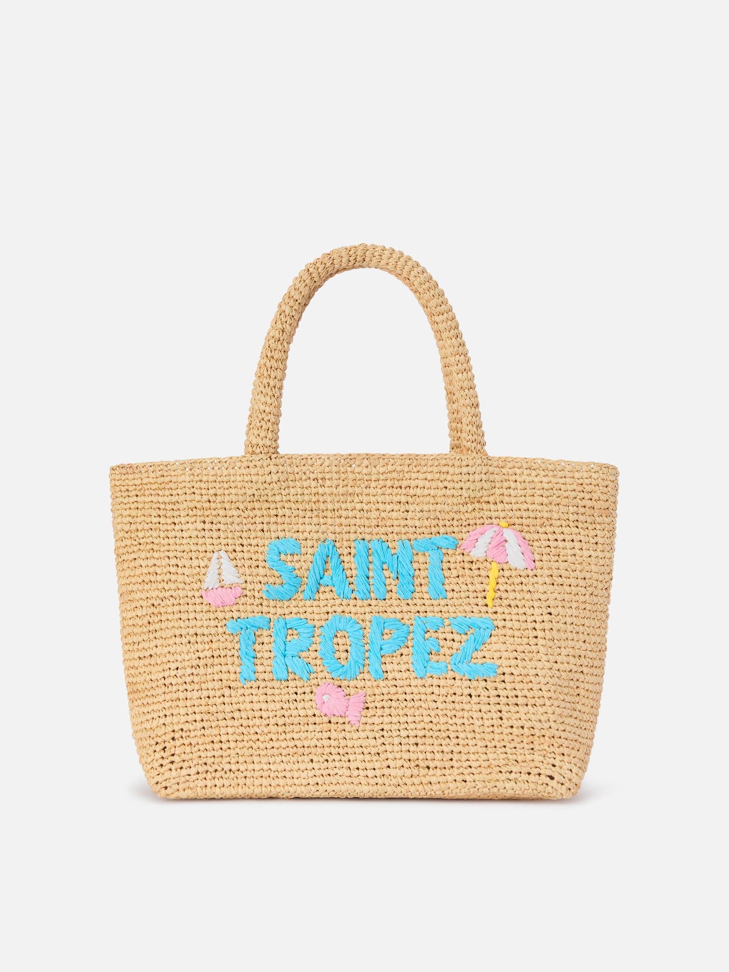 Mittelgroße Strandtasche aus Raffiabast mit Saint Tropez-Stickerei 