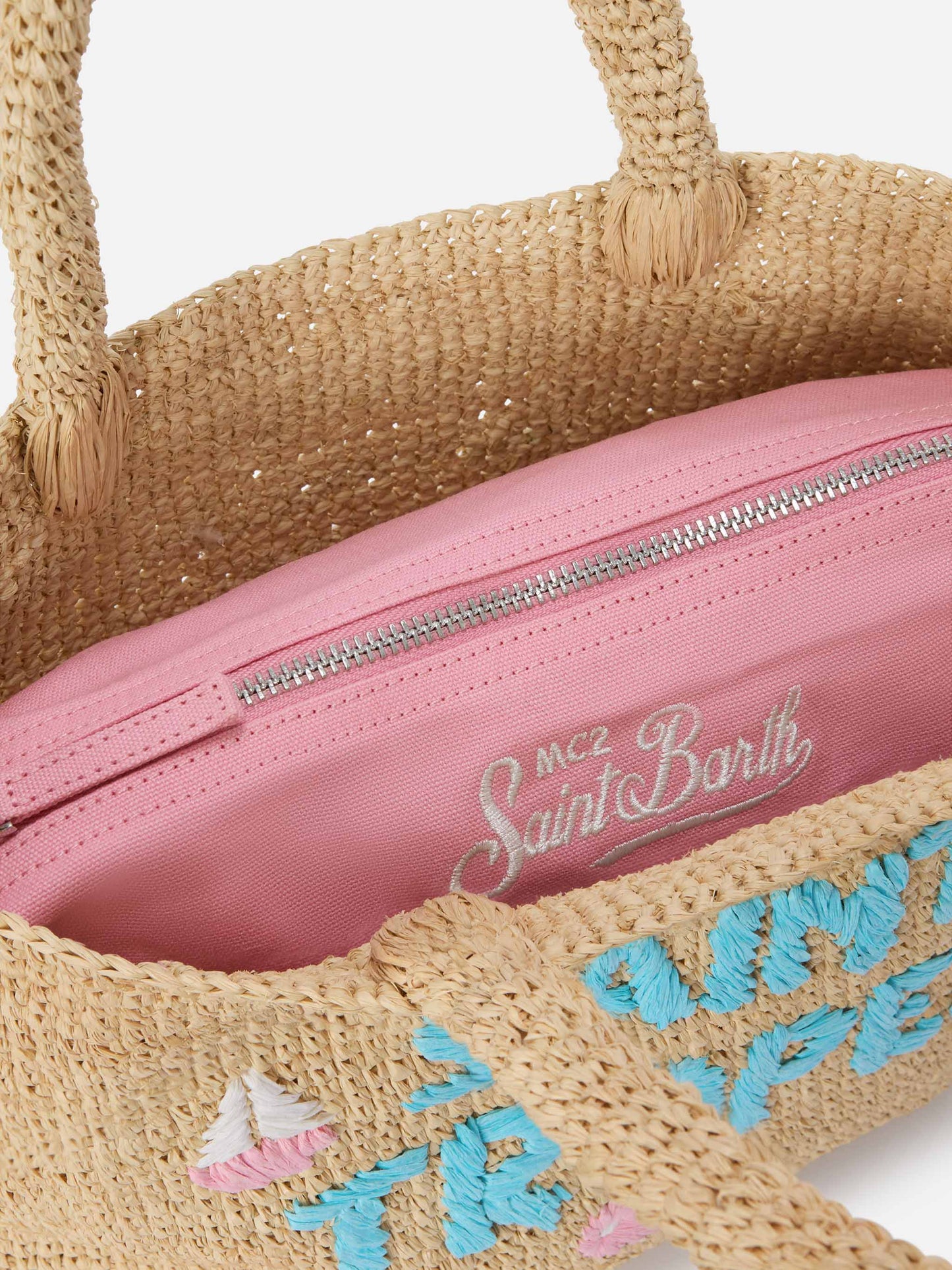 Mittelgroße Strandtasche aus Raffiabast mit Saint Tropez-Stickerei 
