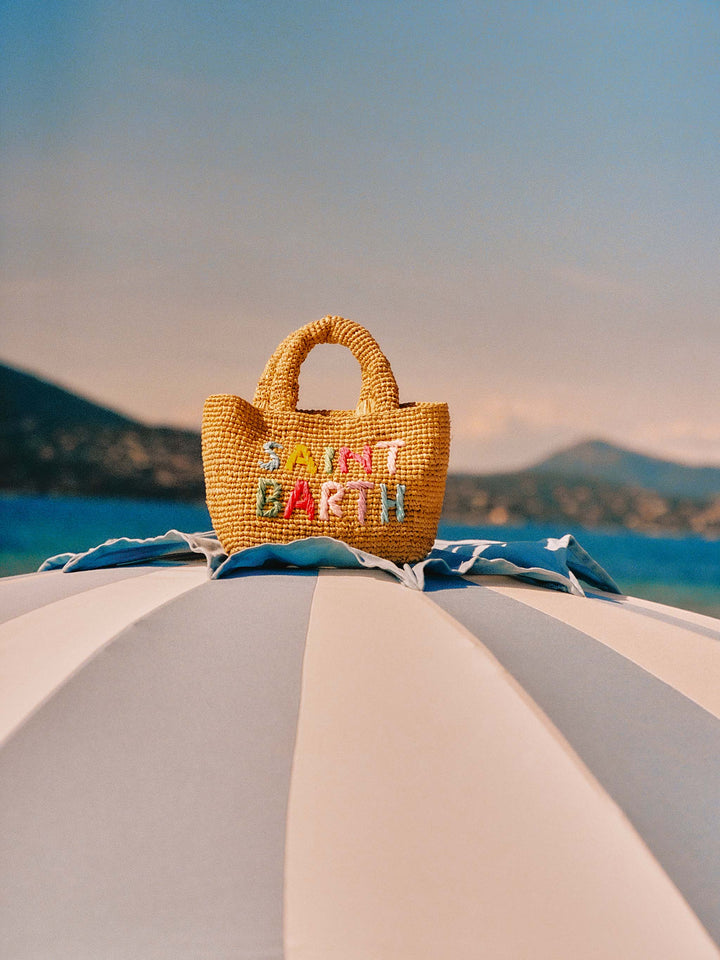 Borsa Beach mini in raffia con logo ricamato multicolor