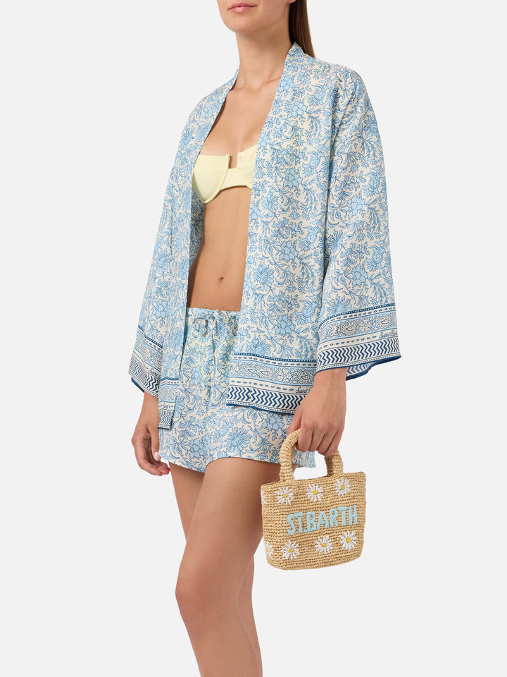 Mini bolso de playa de rafia con margaritas bordadas 