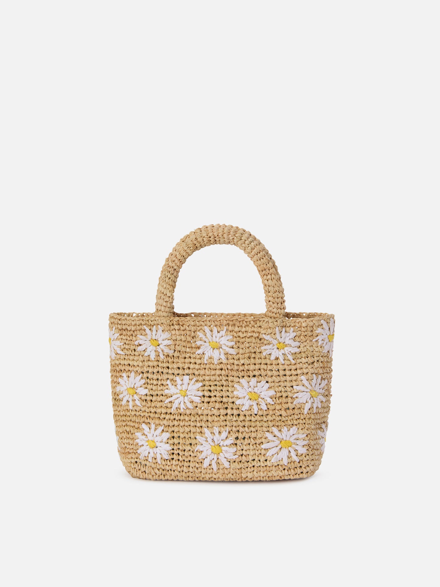 Strand-Mini-Tasche aus Raffiabast mit aufgestickten Gänseblümchen 