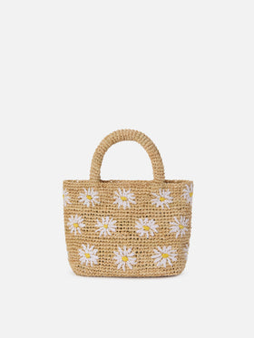Strand-Mini-Tasche aus Raffiabast mit aufgestickten Gänseblümchen 