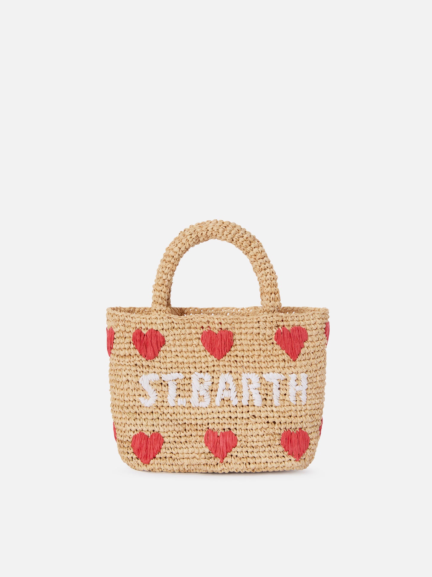 Mini-Strandtasche aus Raffiabast mit aufgestickten Herzen 