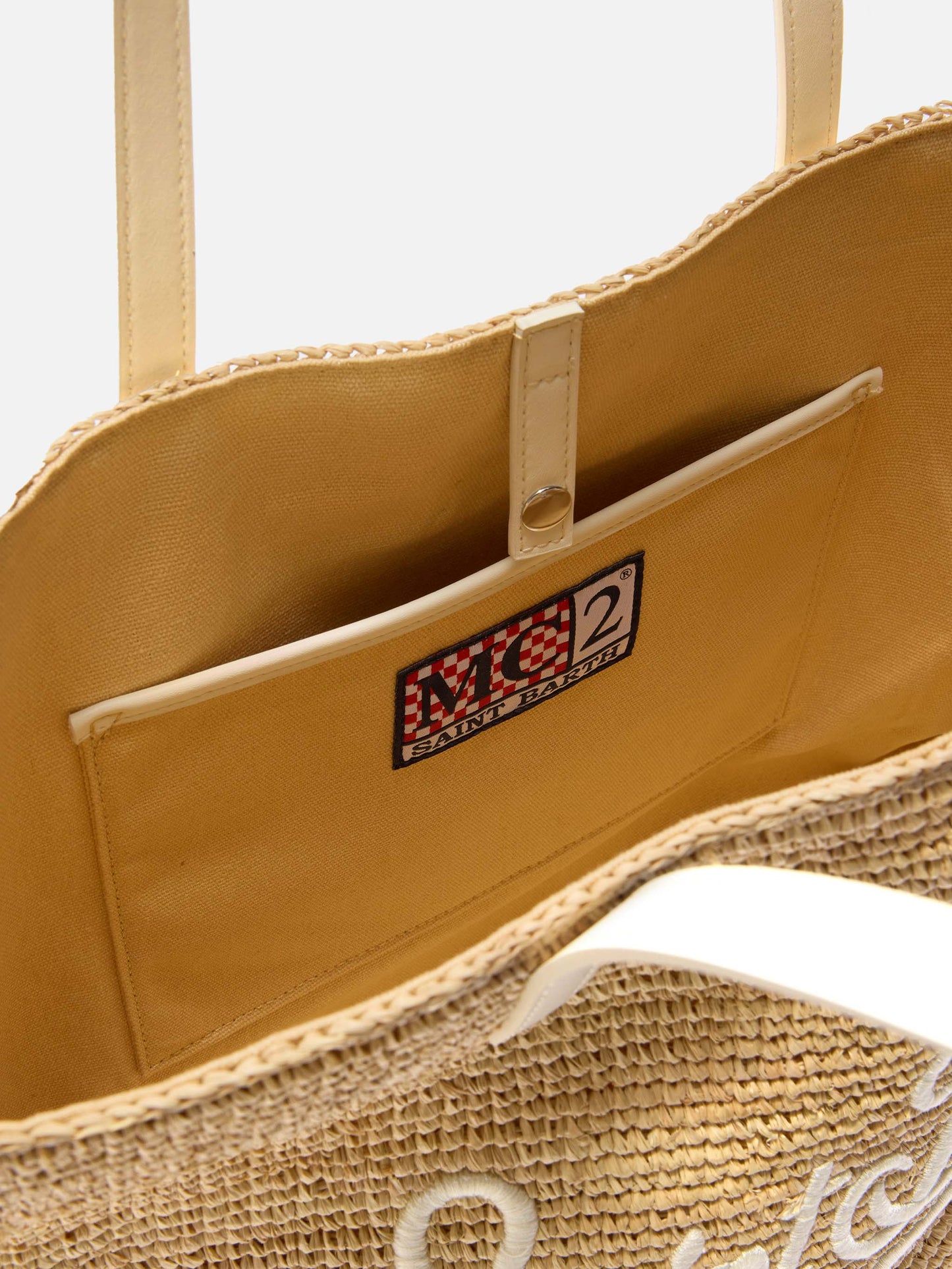 Borsa City in raffia con logo avorio ricamato a contrasto