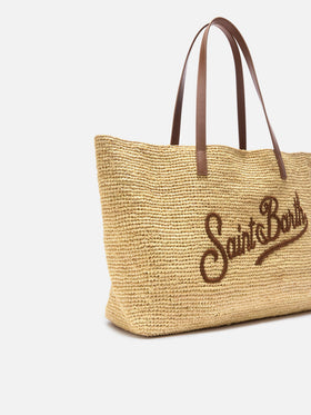 City raffia bag with genuine leather handles and embroidered logo