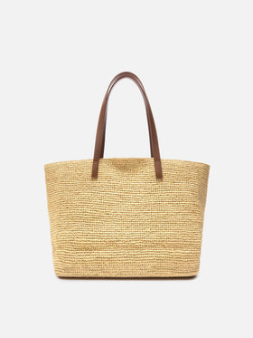 City raffia bag with genuine leather handles and embroidered logo