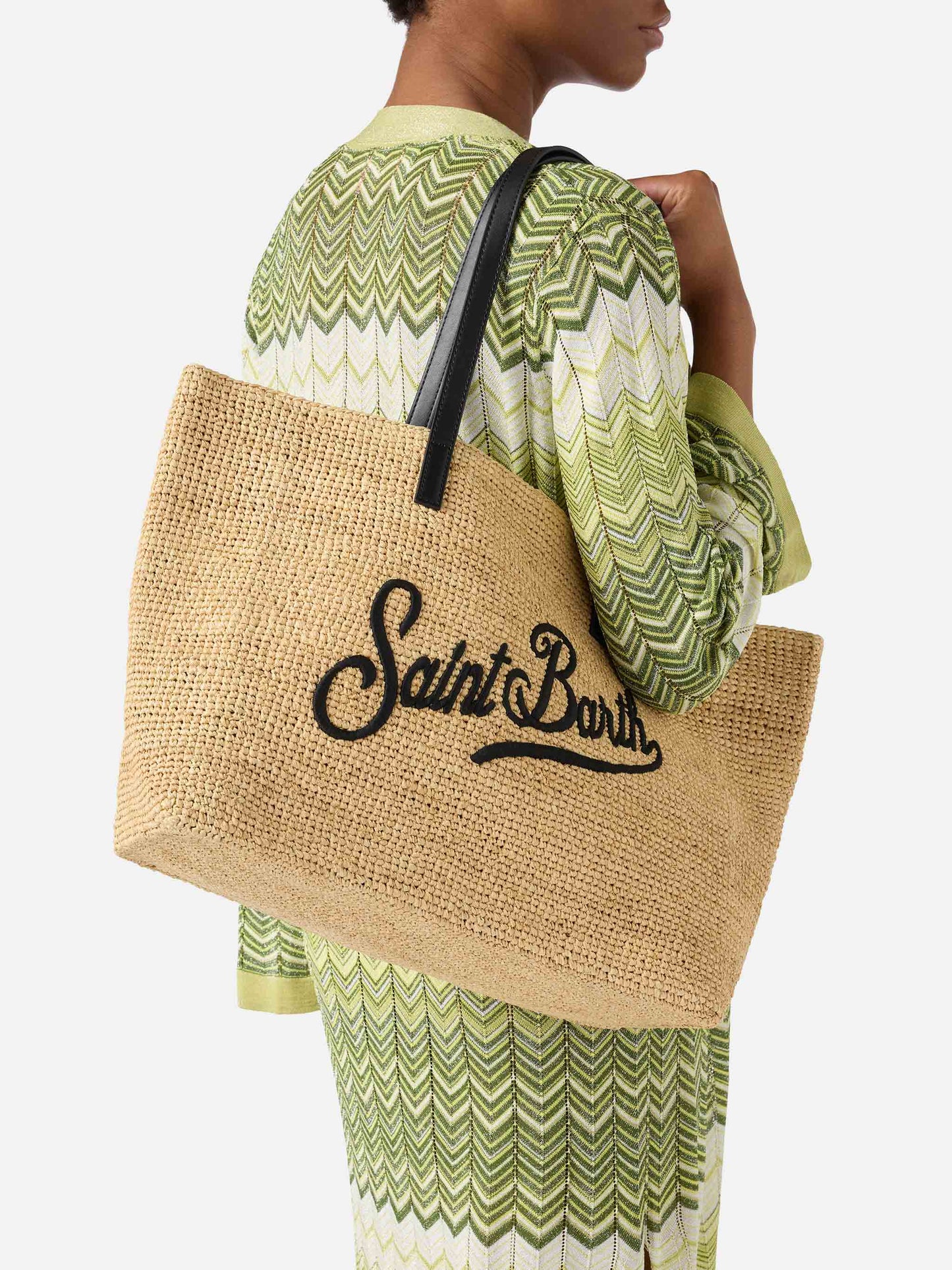 City raffia bag with contrasting black embroidered logo