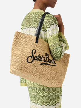 City raffia bag with contrasting black embroidered logo
