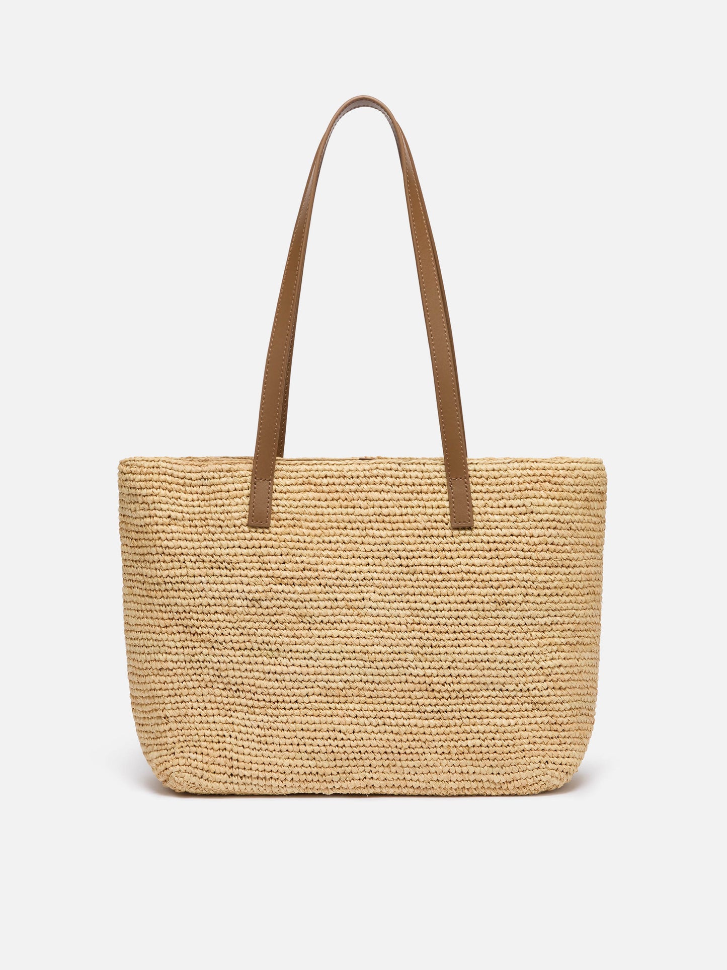 Beigefarbene Tasche City Mid aus Raffiabast mit Blumen-Applikationen