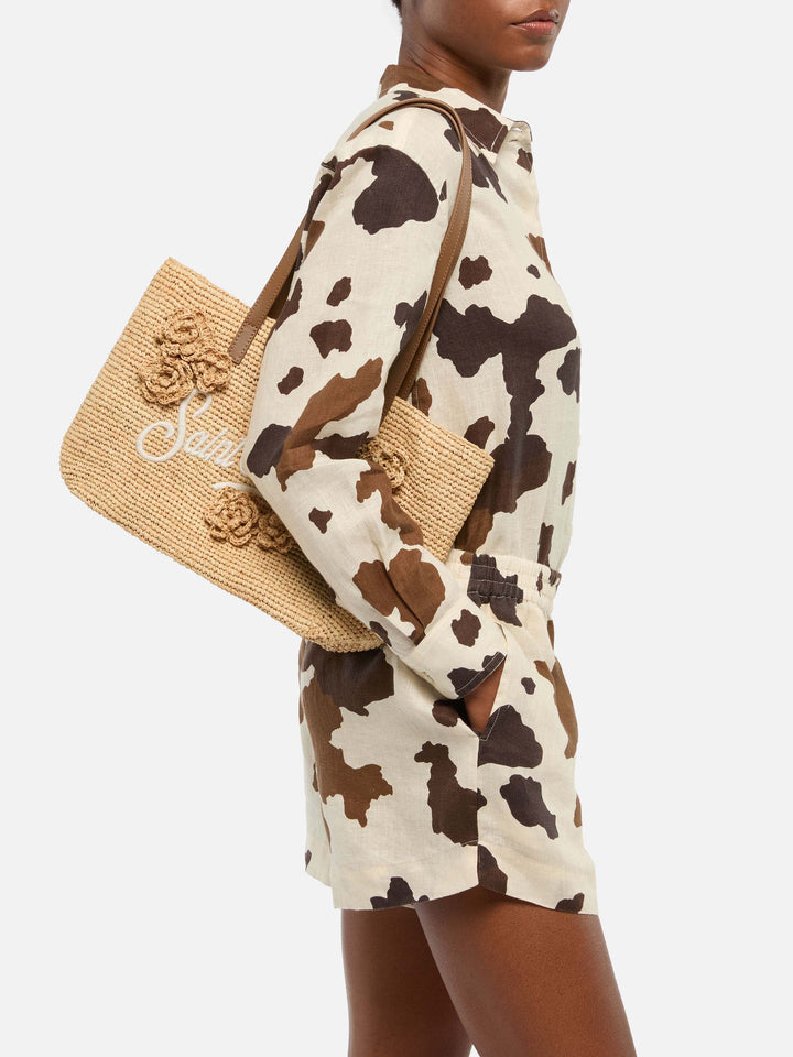 Rafia City Mid Bag beige con fiori applicati