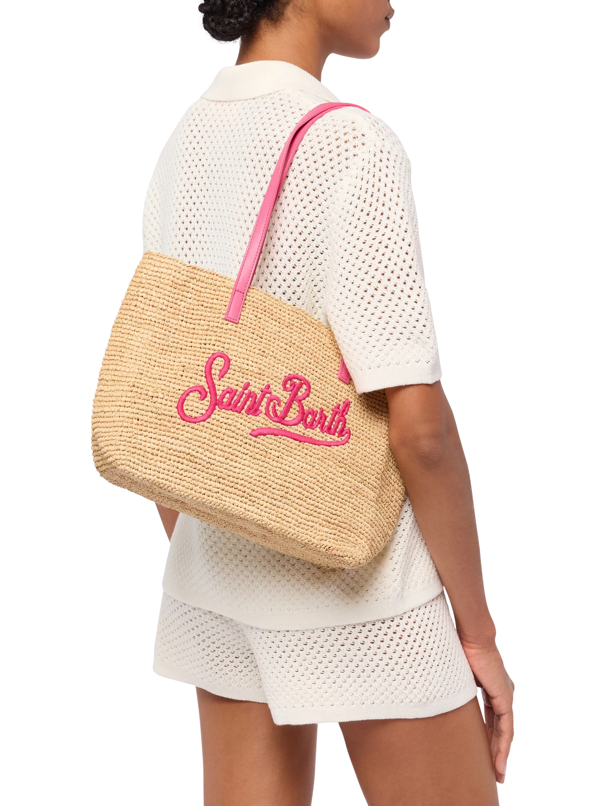 Beige Raffia City Mid bag with Saint Barth embroidered logo - MC2 Saint Barth