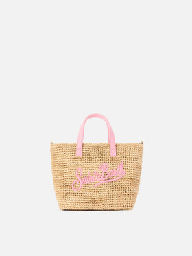 Borsa City mini in raffia con logo rosa ricamato a contrasto