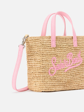 Borsa City mini in raffia con logo rosa ricamato a contrasto