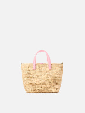Borsa City mini in raffia con logo rosa ricamato a contrasto