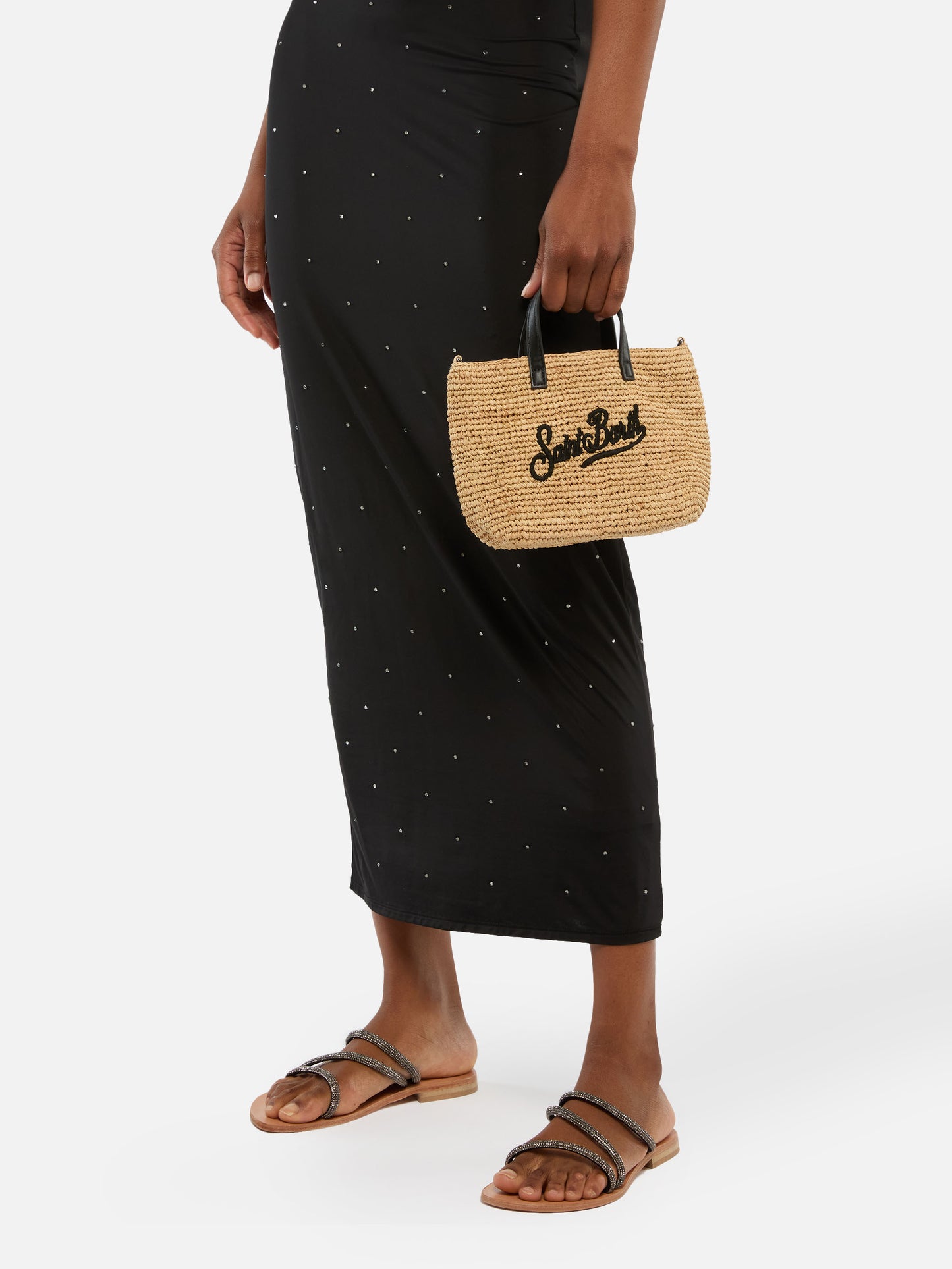 Beige Raffia City Mini bag with Saint Barth embroidery