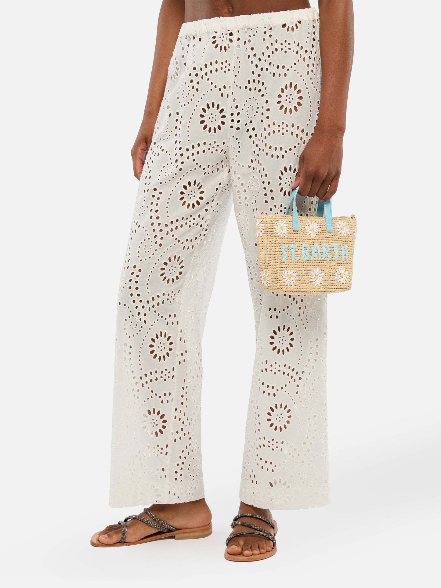 Beige Raffia City Mini bag with daisy embroidery