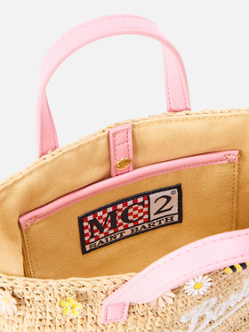 Borsa City mini in raffia con charms applicati e logo ricamato