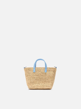 Borsa City micro in raffia con logo azzurro ricamato a contrasto