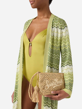 Pouch in rafia intrecciata naturale con logo ricamato